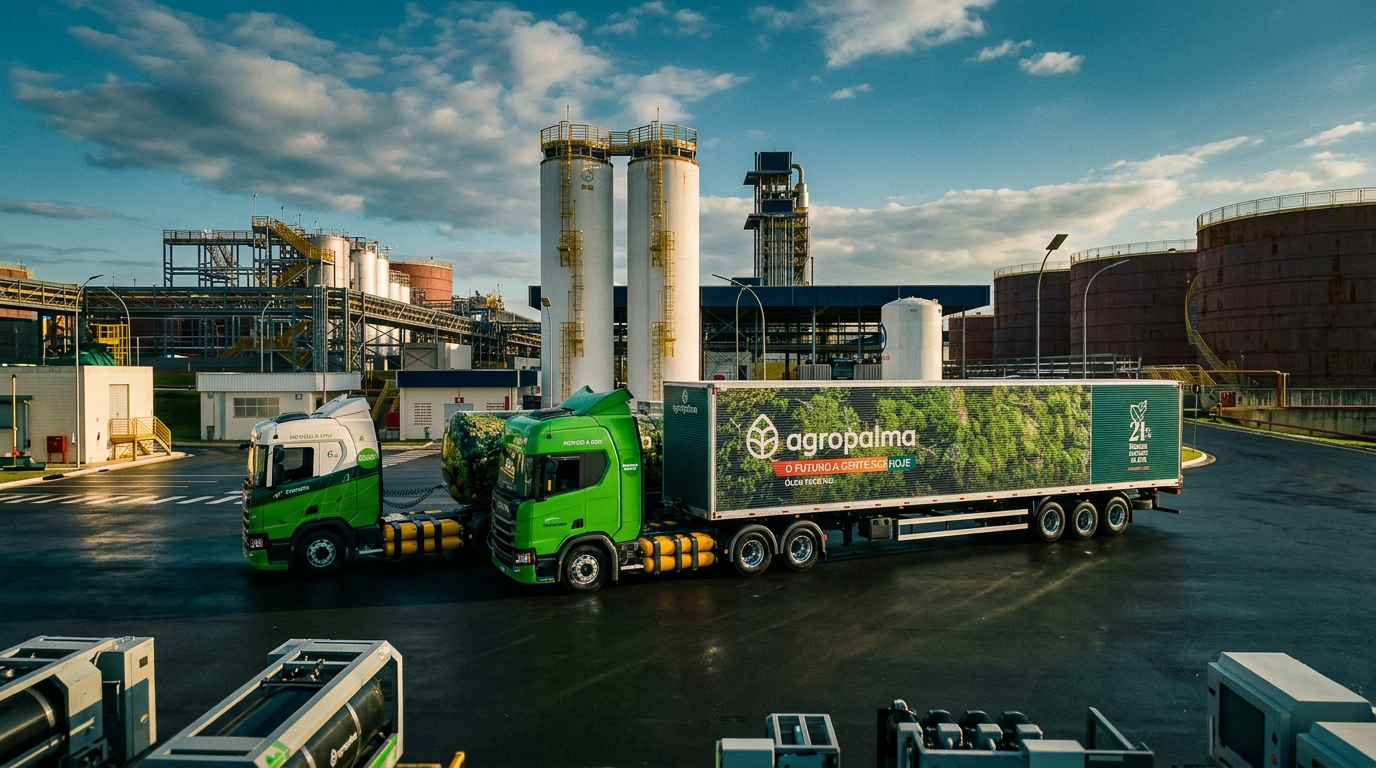 Caminhões a GNV em terminal industrial transportando óleo vegetal Agropalma com 21% menos emissão de CO₂