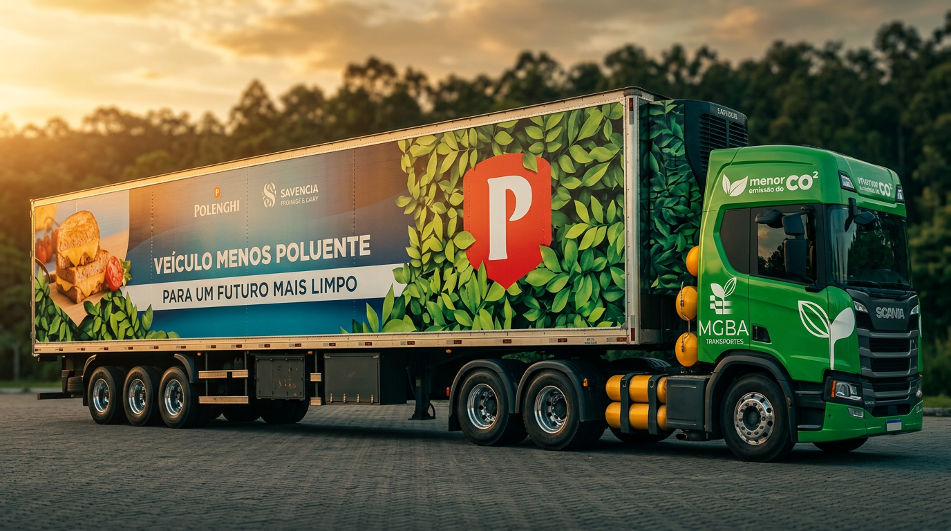 Caminhão MGBA Transportes movido a GNV em operação para Polenghi, com selo menor emissão de CO₂